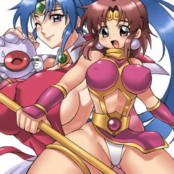 2girls ball_boy blue_hair brown_hair clothing female female_only game gowcaizer inaho_(megumagu) karin karin_son multiple_girls nipples panties robot shaia_hishizaki son_karin spandex voltage_fighter_gowcaizer wink