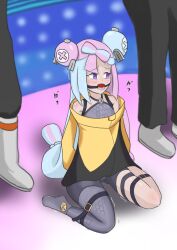 1girls arms_behind_back ball_gag belt_bondage blue_hair bondage idun iono_(pokemon) kneeling long_hair one_thighhigh pink_hair poke_ball_gag pokemon pokemon_sv purple_eyes two_tone_hair very_long_hair wariza