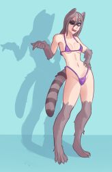 animal_ears bikini brown_hair female female female_focus female_only highres long_hair looking_at_viewer micro_bikini monster_girl niftyrobo one_eye_closed open_mouth original pointing pointing_at_viewer purple_bikini purple_eyes raccoon_ears raccoon_girl raccoon_tail self_upload simple_background smile smiling_at_viewer solo tail wink