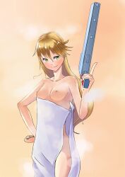 1girls arc_system_works blazblue blonde_hair breasts casual female female_only firearm green_eyes gun hand_on_hip handgun highres human long_hair murakami_monako murakamimonako naked_towel nipples noel_vermillion nude pale_skin small_breasts smile solo towel towel_slip trigger_discipline wardrobe_malfunction weapon wet