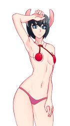 animal_ears bikini black_hair cherry collarbone female female female_focus female_only fruit_bikini green_eyes hand_on_head highres llama looking_at_viewer monster_girl niftyrobo pink_panties red_bikini_top self_upload short_hair simple_background small_breasts solo thighs white_background wide_hips