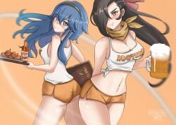 2girls alcohol alternate_costume ass bangs bare_thighs beer beer_mug big_ass blue_eyes blue_hair blush breasts brown_eyes brown_hair chascoby chicken_(food) cleavage commission cowboy_shot cup embarrassed employee_uniform female female_only fire_emblem fire_emblem_awakening fire_emblem_fates food hair_between_eyes hair_over_one_eye highres holding hooters hot_sauce kagero_(fire_emblem) large_breasts long_hair looking_at_viewer lucina_(fire_emblem) mug multiple_girls navel nintendo no_legwear orange_shorts ponytail scarf short_shorts shorts simple_background smile tank_top thick_thighs thighs uniform waitress yellow_scarf