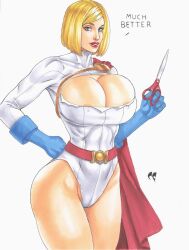 1girls alien alien_girl blonde_hair blue_eyes broken_clothes cape chris_foulkes cleavage cleavage_cutout cleavage_overflow curvaceous curvy curvy_female curvy_figure dc dc_comics deep_cleavage female female_only full_cleavage heroine hourglass_figure huge_breasts kara_zor-l karen_starr kryptonian light-skinned_female light_skin power_girl red_lipstick scissors solo solo_female superheroine superman_(series) tagme tearing_clothes voluptuous voluptuous_female