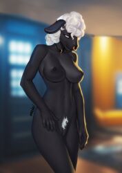 2022 5_fingers anthro areola blurred_background bovid breasts caprine digital_media_(artwork) eyebrows eyelashes female fingers genitals hi_res mammal nipples nude pussy sheep smile standing variri