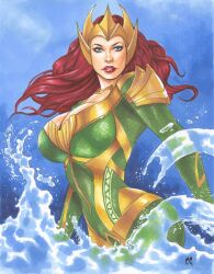 1girls aquaman_(series) armor artist_signature blue_background blue_eyes breasts chris_foulkes cleavage clothed clothes crown curvaceous curvy curvy_female curvy_figure dc dc_comics eyes_open female female_only fully_clothed gold_jewelry green_clothing hourglass_figure large_breasts light-skinned_female light_skin long_hair looking_at_viewer mera neutral_expression red_hair red_lipstick small_waist solo tiara torso_shot voluptuous voluptuous_female watercolor