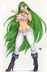 1girls cellphone chris_foulkes curvaceous curvy curvy_female curvy_figure daikkenaurora female female_only green_hair hourglass_figure jeans kid_icarus kid_icarus_uprising light-skinned_female light_skin nintendo palutena phone solo solo_female sunglasses tagme underboob voluptuous voluptuous_female