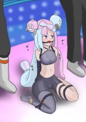 1girls arms_behind_back ball_gag belt_bondage blue_hair bondage idun iono_(pokemon) kneeling long_hair one_thighhigh pink_hair poke_ball_gag pokemon pokemon_sv purple_eyes two_tone_hair very_long_hair wariza