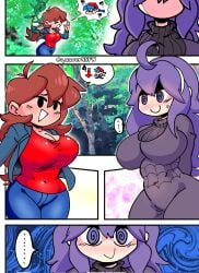 brown_hair cleavage comic comic_page creepy creepy_smile female forest friday_night_funkin girlfriend_(friday_night_funkin) hex_maniac pokemon purple_hair quavernsfw spiral_eyes