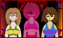 1girls 2futas annoyed_expression bete_noire big_breasts chara frisk glitchtale glowing pixel_art self_upload undertale undertale_(series) undertale_au undertale_fanfiction zixy