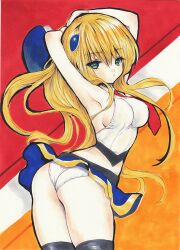 1girls alternate_breast_size arc_system_works armpits arms_behind_head ass beret big_breasts blazblue blonde_hair breasts busty female female_only green_eyes hat highres large_breasts legs long_hair looking_at_viewer midriff noel_vermillion panties pantyshot pose posing sensual sexy_armpits skirt solo thick_thighs thighs traditional_media underwear voluptuous wedgie white_panties