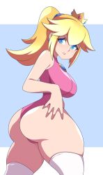 1girls abysswatchers armpits ass ass_grab big_ass big_breasts blonde_hair blue_eyes breasts bubble_butt busty dat_ass female female_only hand_on_ass hand_on_own_ass highres huge_ass large_breasts leotard looking_at_viewer looking_back mario_(series) nintendo parted_lips ponytail princess princess_peach sideboob solo_female thick_thighs thighs voluptuous