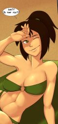 1girls arm_support avatar_the_last_airbender big_breasts bikini brown_eyes busty cleavage female female_only green_bikini hi_res jin_(avatar) large_breasts legs mrpotatoparty navel o-ring_bikini one_eye_closed parted_lips ponytail sensual sitting smile solo swimsuit thighs toned towel voluptuous wink