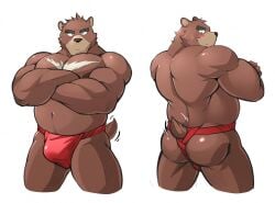 2017 anthro asian_clothing ass belly biceps black_nose blush brown_body brown_fur bulge chest_markings clothed clothing countershade_snout countershading crossed_arms east_asian_clothing front_view fundoshi fundoshi_only fur japanese_clothing juuichi_mikazuki looking_at_viewer maldu male mammal markings morenatsu multiple_poses musclegut muscular muscular_male muscular_thighs navel pecs portrait pose rear_view red_clothing red_fundoshi red_underwear short_tail simple_background snout solo tail_motion tailwag tan_body tan_fur three-quarter_portrait underwear underwear_only ursid video_games visual_novel white_background