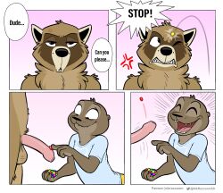 anthro balls black_eyes brown_fur brown_hair candy canine clenched_teeth closed_eyes comic couple felix_(nik159) funny furry gay having_fun humanoid_genitalia humanoid_penis lovers meme nik_(nik159) nikraccoom otter penis pissed_off raccoon uncircumcised