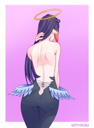 ass ass_cleavage ass_cutout ass_in_dress back back_view back_wings bare_back black_hair butt_crack dress facing_away female female_focus female_only halo hand_in_hair highres hololive hololive_english hololive_myth long_hair monster_girl niftyrobo ninomae_ina'nis open_back_dress self_upload shoulder_blades simple_background virtual_youtuber wings