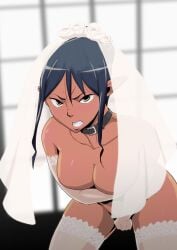 1girls angry angry_face black_hair blush breasts clenched_teeth collar covering_breasts covering_crotch covering_self d_(atelierd) dark-skinned_female dark_elf dark_skin elbow_gloves elf gloves long_gloves looking_at_viewer mostly_nude pointy_ears solo solo_female wedding_gloves wedding_lingerie wedding_veil white_elbow_gloves white_gloves yellow_eyes