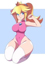 1girls abysswatchers arm_behind_head armpits ass big_breasts blonde_hair blue_eyes breasts busty child_bearing_hips covered_navel female female_only highres huge_ass kneeling large_breasts leotard mario_(series) nintendo parted_lips ponytail princess princess_peach smile thick_thighs thighs voluptuous wide_hips