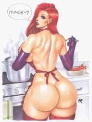 1girls 2019 apron arm_gloves ass back chris_foulkes cooking curvaceous curvy curvy_female curvy_figure disney english_text eyeshadow female female_only green_eyes hair_over_one_eye hourglass_figure jessica_rabbit kitchen light-skinned_female light_skin long_hair long_red_hair looking_back_at_viewer red_hair sideboob solo solo_female speech_bubble stove tagme talking_to_viewer text thighhighs underboob voluptuous voluptuous_female who_framed_roger_rabbit