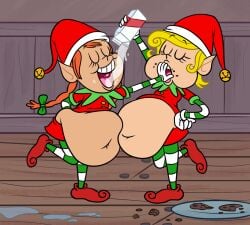 2021 2girls belly belly_button blonde_hair christmas cookies door_elf elf elf_ears elf_shoes eyebrows eyebrows_visible_through_hair eyelashes fat fat_female feeding feeding_each_other gloves green_stripes happy holidays huge_belly hyper_belly large_belly milk navel nickelodeon pigtails_elf pointy_ears santa_hat scobionicle99 smile smooth_skin spongebob_squarepants striped stripes teeth thighhighs tongue twintails