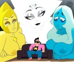 1boy 2d 3girls blue-skinned_female blue_diamond_(steven_universe) blue_skin boob_hat breast_on_head breasts_bigger_than_head cartoon_network couch crystal_gem diamond_authority gem_(species) giant_woman large_breasts naked steven_quartz_universe steven_universe steven_universe_future sunglasses tagme_(artist) white-skinned_female white_diamond_(steven_universe) white_skin yellow-skinned_female yellow_diamond_(steven_universe) yellow_skin