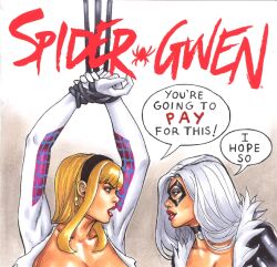 2girls black_cat_(marvel) blonde_hair chris_foulkes cropped curvaceous curvy curvy_female curvy_figure edit felicia_hardy female female_only gwen_stacy hairband hourglass_figure light-skinned_female light_skin marvel marvel_comics multiple_girls rimjob spider-gwen spider-man_(series) straight_hair tagme voluptuous voluptuous_female