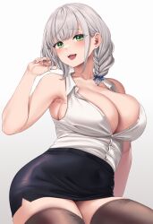 1girls bare_shoulders black_skirt blush braid breasts brown_thighhighs cleavage collarbone collared_shirt female gradient gradient_background green_eyes grey_hair highres hololive hololive_fantasy hololive_japan large_breasts light-skinned_female light_skin looking_at_viewer low_twin_braids moisture_(chichi) open_mouth pencil_skirt shirogane_noel shirt short_hair skirt sleeveless sleeveless_shirt smile solo thick_thighs thighhighs thighs twin_braids virtual_youtuber white_background white_shirt