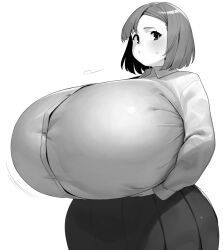 1girls 2022 black_and_white breasts female female_focus gigantic_breasts huge_breasts looking_at_viewer massive_breasts namagaki3 short_hair simple_background solo solo_female solo_focus top_heavy white_background