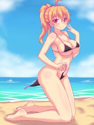 1girls beach big_breasts bikini black_bikini blonde_hair breasts busty cleavage feet female female_only highres kneeling large_breasts legs looking_at_viewer ponytail red_eyes sideboob smile solo swimsuit thighs tiffy tiffynyaa undressing untied untied_bikini voluptuous water