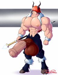 1boy abs animal_genitalia_on_humanoid biceps big_pecs blue_eyes caprikid goat_horns goat_taur horsecock horsecock_on_humanoid huge_balls huge_cock hyper male male_only miraculous_ladybug muscular muscular_male nathaniel_kurtzberg nipples red-box red_hair solo solo_male