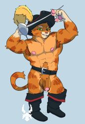 abs absurd_res anthro balls belt clothing domestic_cat dreamworks felid feline felis footwear genitals hat headgear headwear hi_res male male_only mammal melee_weapon muscular nsfoxw penis puss puss_in_boots_(dreamworks) rapier shrek_(series) solo sword weapon