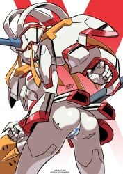 1girls absurdres android ass blue_pussy breasts darling_in_the_franxx edited highres horn hybrid kukuruyo looking_back open_mouth orange_eyes pale pale-skinned_female pussy robot strelizia uncensored weapon white_skin