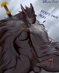 absurd_res anthro ayden_feuer ball_tuft black_sclera blaidd_(elden_ring) blush bodily_fluids brooch canid canine canis elden_ring erection fangs fromsoftware fur_cape furry gay genital_fluids hi_res leaking_precum male mammal nipples precum pubes solo sword_hilt tuft video_games wolf