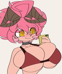 ahoge blush cdk cellphone choker demon demon_girl female goat_horns grin grinning horns huge_breasts huge_breasts midriff overflowing_breasts scribbles_(cdknsfw) smartphone yellow_eyes