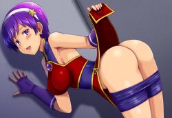 1girls against_wall ass athena_asamiya big_ass big_breasts bike_shorts bike_shorts_pull blush breasts bubble_butt busty chinese_clothes clothes_lift come_hither covered_erect_nipples dat_ass female female_only fingerless_gloves gloves horny king_of_fighters king_of_fighters_2001 large_breasts legs lifted_by_self looking_at_viewer looking_back naughty_face open_mouth purple_eyes short_hair sideboob smile snk solo thighs tsumitani_daisuke