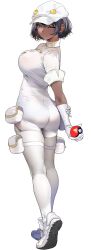 1girls aether_foundation_employee aether_foundation_employee_(female) ass breasts brown_eyes brown_hair clothed female female_aether_foundation_employee hat holding_object large_ass large_breasts long_legs looking_at_viewer marushin_(denwa0214) nintendo pokeball pokemon pokemon_sm short_hair smile tights white_background white_clothing