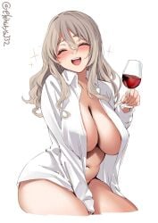 1girls alcohol bottomless breasts cleavage collarbone cowboy_shot cup dress_shirt drinking_glass ebifurya female grey_hair highres kantai_collection large_breasts long_hair naked_shirt navel no_bra one-hour_drawing_challenge open_clothes open_shirt pola_(kantai_collection) shirt smile solo thick_eyebrows twitter_username wavy_hair white_background white_shirt wine wine_glass