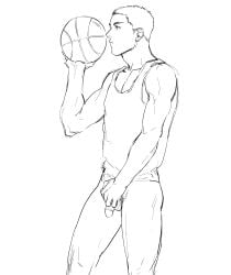 1boy athletic basketball bottomless buzz_cut hairy_balls hand_on_penis male_only nude penis pubes pubic_hair red_hair sakuragi_hanamichi short_hair shourai_kun slam_dunk solo solo_male sportswear touching_penis