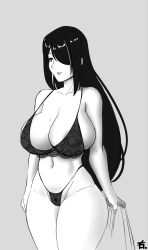 black_hair cleavage curvy epic7 female huge_breasts lingerie long_hair looking_at_viewer magician migi_studios_(artist) mole_on_breast mole_under_eye monochrome smiling thick_thighs thong vivian_(epic7) witch