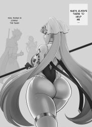 1boy 1girls 2girls ass big_ass bikini_armor butt curvy dat_ass english_text epic7 healer huge_ass huge_breasts long_hair looking_at_viewer migi_studios_(artist) roana_(epic7) skimpy_clothes smiling thick_thighs thong thong_leotard