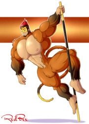 1boy barefoot beard biceps big_pecs brown_fur haplorhine hyper king_monkey le_chiên_kim male male_only miraculous_ladybug monkey monkey_boy muscular muscular_male primate red-box red_hair solo straight_hair