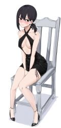 1girls bare_arms bare_legs black_dress black_eyes black_hair blush breasts chainsaw_man chair dress feintheart721 female female_only higashiyama_kobeni high_heels looking_at_viewer nipple_slip no_bra ponytail revealing_clothes sitting small_breasts sweat