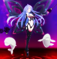 1girls big_breasts breasts busty cleavage dominatrix female female_only flower hair_over_one_eye hi_res iris_heart large_breasts legs looking_at_viewer navel neptunia_(series) open_mouth purple_flower purple_hair purple_rose red_eyes rose screencap smile solo stitched thighs third-party_edit voluptuous