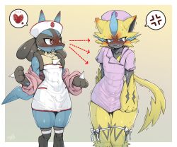 2boys anthro anthro_only blush bulge duo femboy fur girly heart hi_res lucario male male_only nintendo nurse_uniform pokemon pokemon_(species) syourinbonzu zeraora