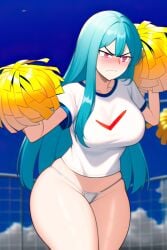 1girls ai_generated angry big_breasts blue_hair blush breasts check_mark cheerleader cheerleader_uniform curvy embarrassed female female_only friday_night_funkin gardener_ai hourglass_figure long_hair nai_diffusion no_pants no_skirt panties pom_poms revealing_clothes skimpy sky_(friday_night_funkin) skyverse solo stable_diffusion string_panties sweat sweatdrop t-shirt thick_thighs thin_arms thin_waist thong white_panties wide_hips