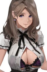 1girls alternate_costume alternate_hairstyle big_breasts blue_eyes bra breast_focus breasts brown_hair cleavage close-up closed_mouth earrings female female_only fire_emblem fire_emblem:_three_houses fire_emblem_warriors:_three_hopes highres j@ck lacy_bra large_breasts long_hair looking_at_viewer mercedes_von_martritz nintendo official_alternate_hairstyle open_clothes open_shirt paid_reward_available partially_unbuttoned purple_bra purple_eyes see-through see-through_top shirt simple_background smile solo tagme unbuttoned_shirt underwear upper_body white_background