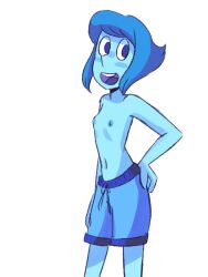 1girls 2016 blue_body blue_eyes blue_hair blue_nipples blue_shorts blue_skin blush breasts cartoon_network casual_exposure casual_nudity casual_topless female female_only gem_(species) hand_on_hip happy happy_female lapis_lazuli_(gem) lapis_lazuli_(steven_universe) male_swimwear_challenge nipples opeipiao open_mouth partially_clothed partially_clothed_female shirtless short_blue_hair short_hair shorts small_breasts solo solo_female steven_universe swim_trunks topless white_background