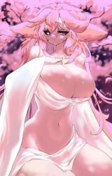 1girls animal_ears bangs bare_shoulders belly blurry blurry_background breasts cherry_blossoms cleavage closed_mouth collarbone crossed_bangs eyelashes falling_petals female floppy_ears fox_girl genshin_impact hair_between_eyes hand_on_own_chest hand_up highres japanese_clothes large_breasts long_eyelashes long_hair long_sleeves looking_at_viewer monster_girl navel neck nontraditional_miko open_clothes petals pfufu pink_background pink_hair purple_eyes see-through self_upload shiny shiny_skin sitting smile solo thick_thighs thighs twitter_username very_long_hair wide_sleeves yae_miko