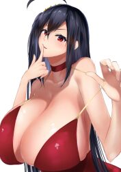 1girls absurdres ahoge azur_lane bangs bare_shoulders black_hair blush breasts choker cleavage cocktail_dress collarbone dress dress_tug female finger_to_mouth gigantic_breasts hair_between_eyes hair_ornament highres long_hair looking_at_viewer open_mouth red_choker red_dress red_eyes rinrin_kai simple_background smile solo taihou_(azur_lane) taihou_(forbidden_feast)_(azur_lane) very_long_hair white_background