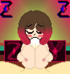 1girls bete_noire big_breasts big_penis blush breasts closed_eyes cum cum_in_mouth cum_on_penis fellatio female glitchtale paizuri pixel_art self_upload z!betty zixy