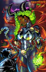 1boy 1boy1girl 1girls antiheroine batman batman_(series) chains crossover dark-skinned_female dc dc_comics demoness earrings female femdom genderswap_(mtf) green_hair horns image_comics male male/female marcuswilliams muscular_female rule_63 spawn spawn_(series) submale superhero superheroine tight_clothing voluptuous voluptuous_female